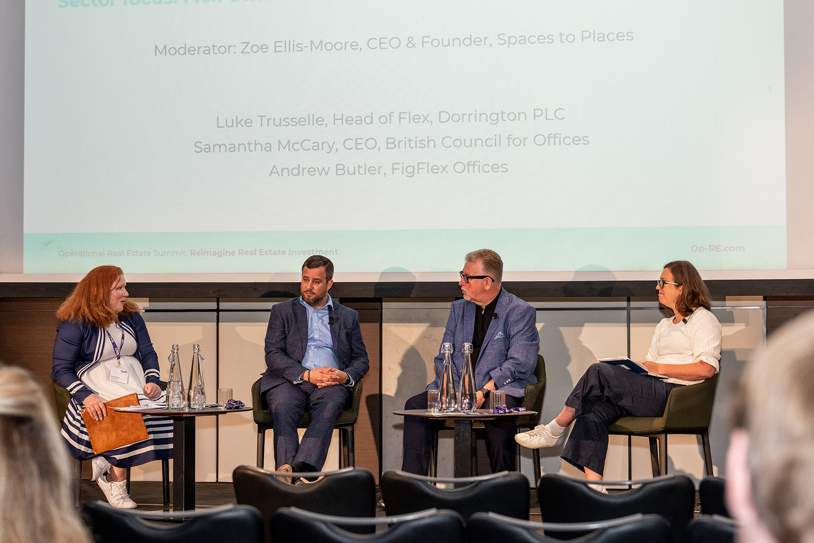 Zoe Ellis-Moore moderating the flex office panel at the Operational Real Estate Summit 2026, with Luke Trusselle of Dorrington PLC, Andrew Butler of FigFlex Offices and Samantha McClary of the British Council for Offices